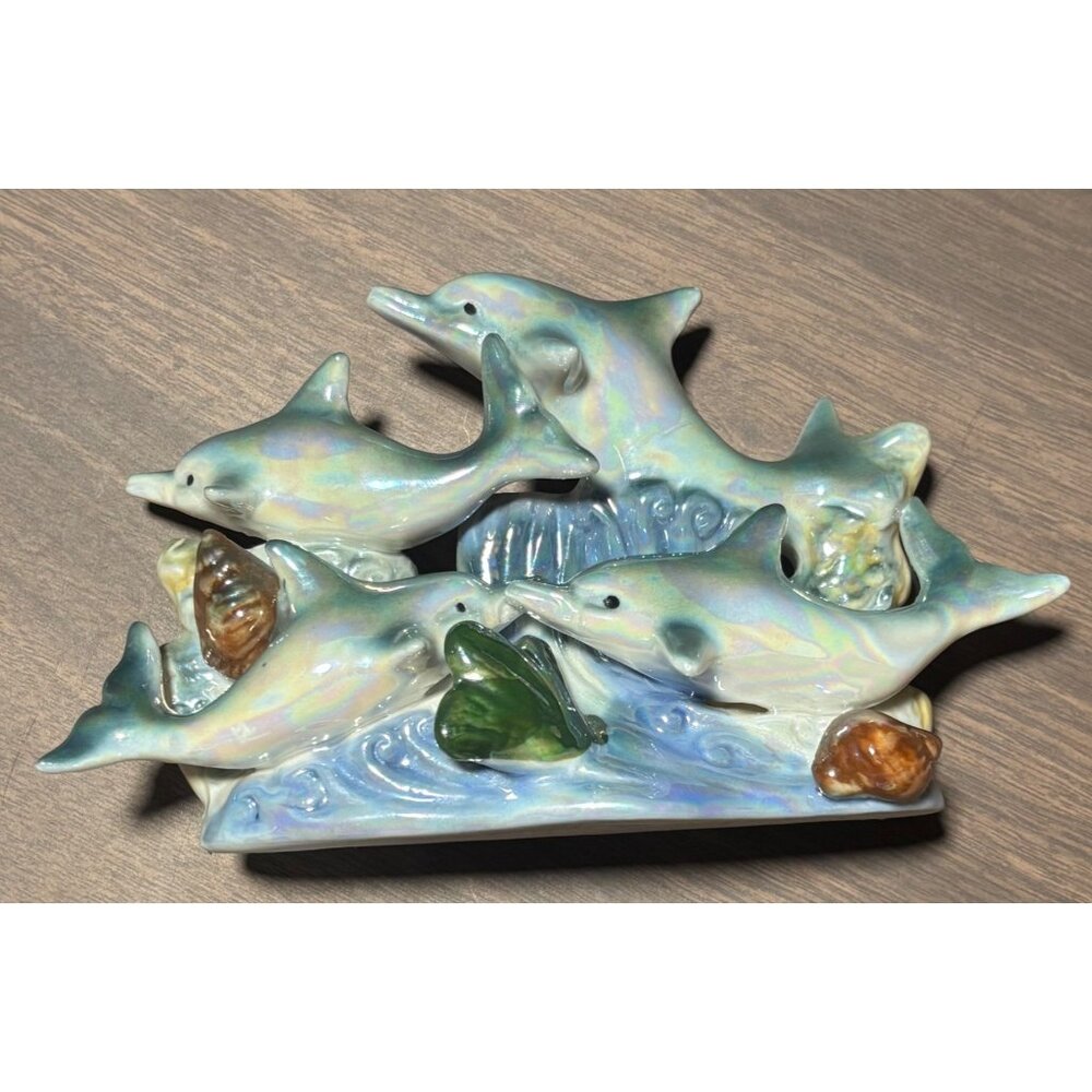 Dolphin Figurine Ocean Scene Iridescent Porcelain Decor Oceanic Nautical